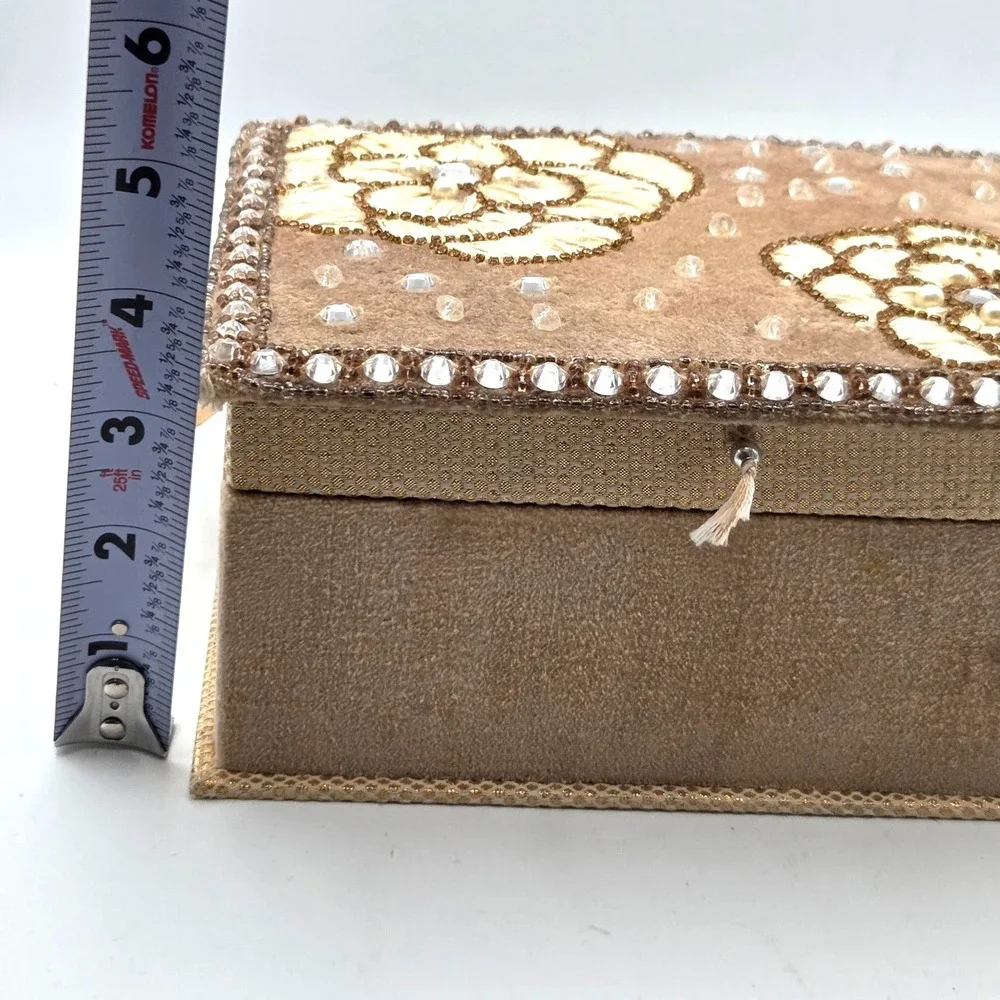 Velvet Floral‎ Embroidered Jewelry Box with Rhinestones Beads Sequins Design